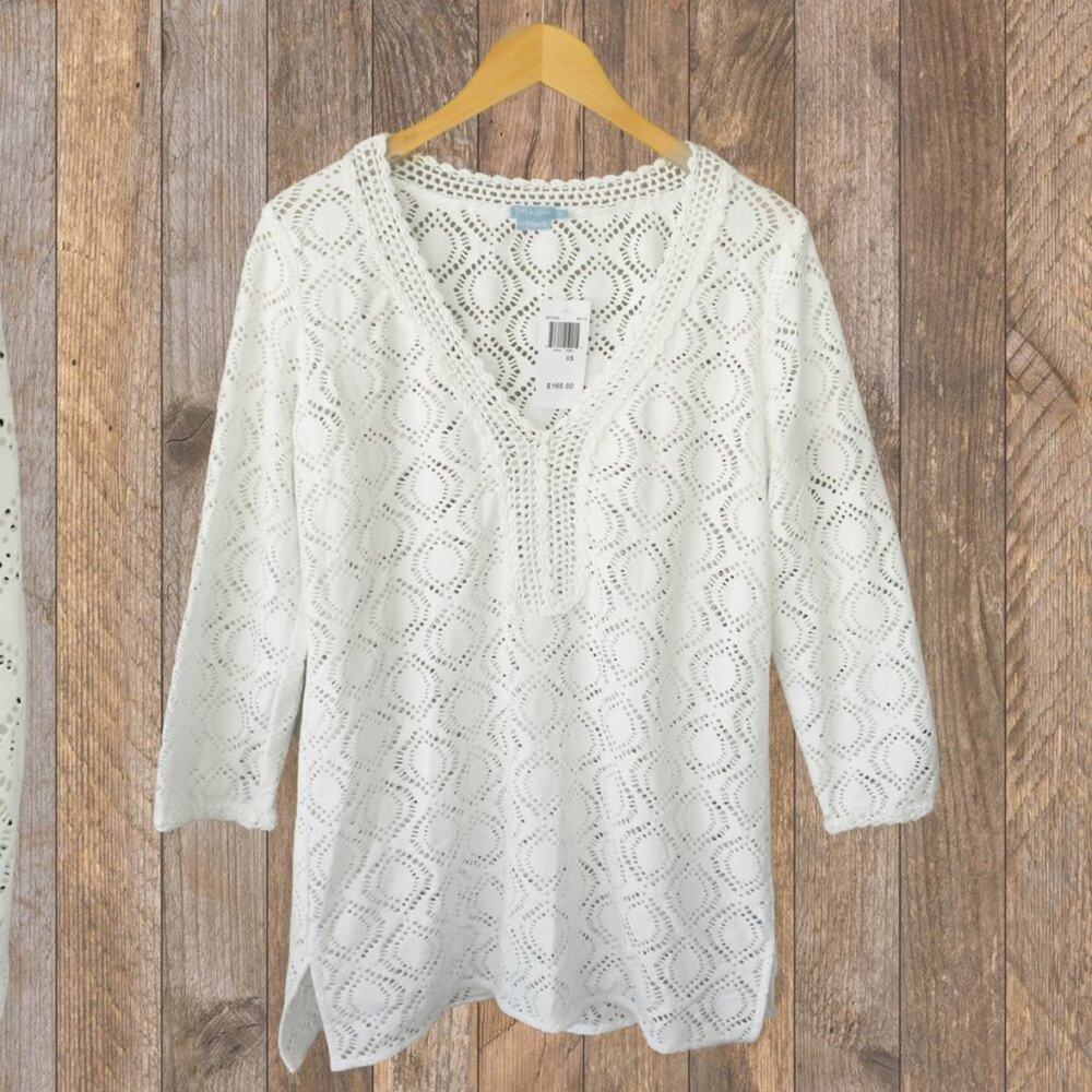 J. Mclaughlin White Tunic Top Lasercut Lace Crochet 3/4 Sleeve NWT*
